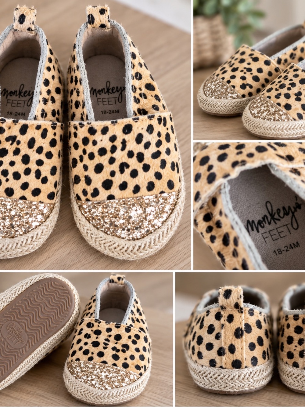 Monkey Feet Leopard Gold Glitter Toe Espadrille Shoes 18-24M